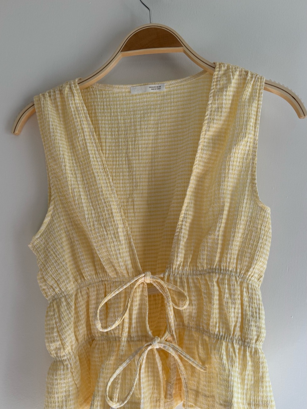 Zara Pale Yellow Textured Tie-Front Tank